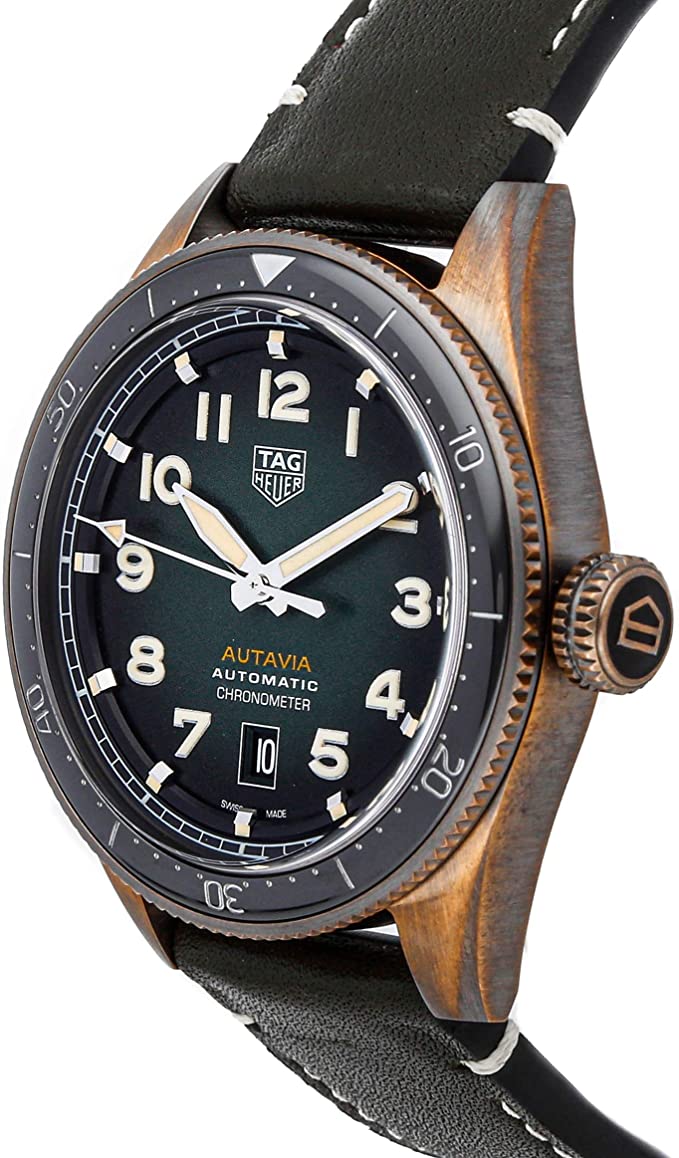 Tag Heuer Autavia Calibre 5 Automatic Olive Green Dial Green Leather Strap Watch for Men - WBE5190.FC8268