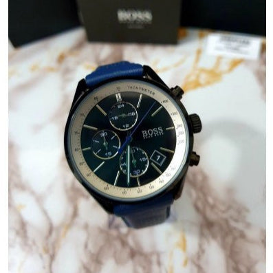 Hugo Boss Grand Prix Chronograph Black Dial Blue Leather Strap Watch for Men - 1513563