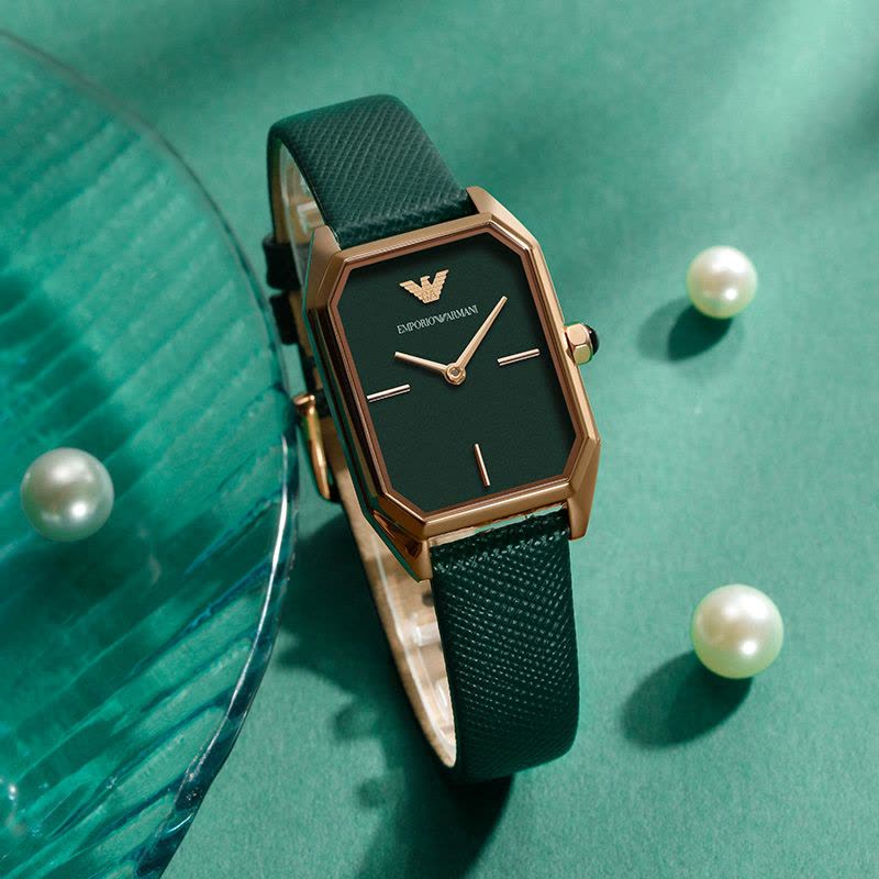 Emporio Armani Gioia Analog Black Mother of Pearl Dial Green Leather Strap Watch For Women - AR11149
