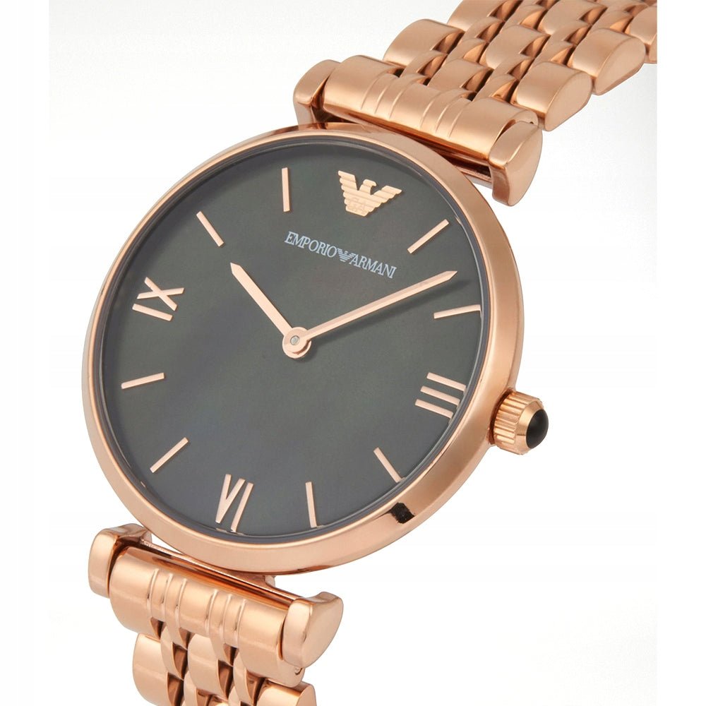 Emporio Armani Gianni T-Bar Black Dial Rose Gold Strap Watch For Women - AR11145