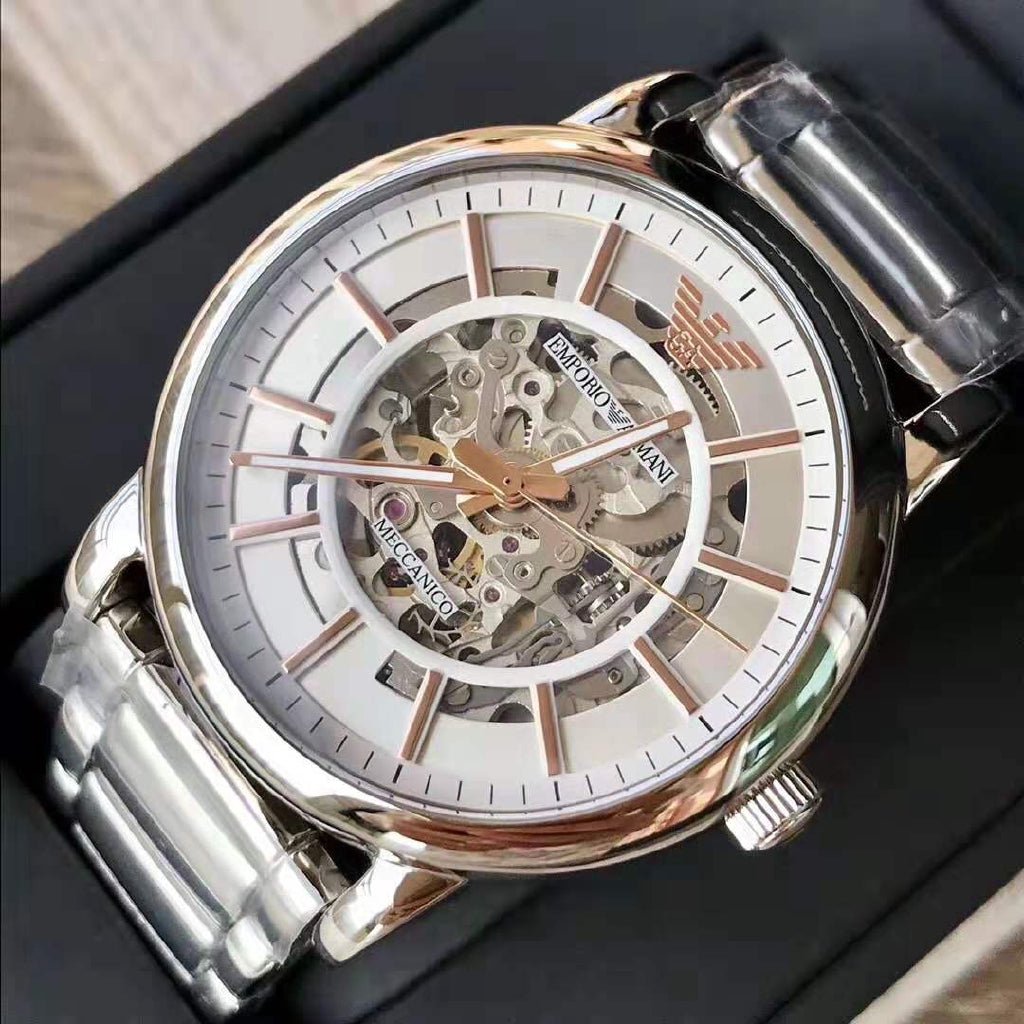 Emporio Armani Meccanico Skeleton Silver Dial Silver Steel Strap Watch For Men - AR1980