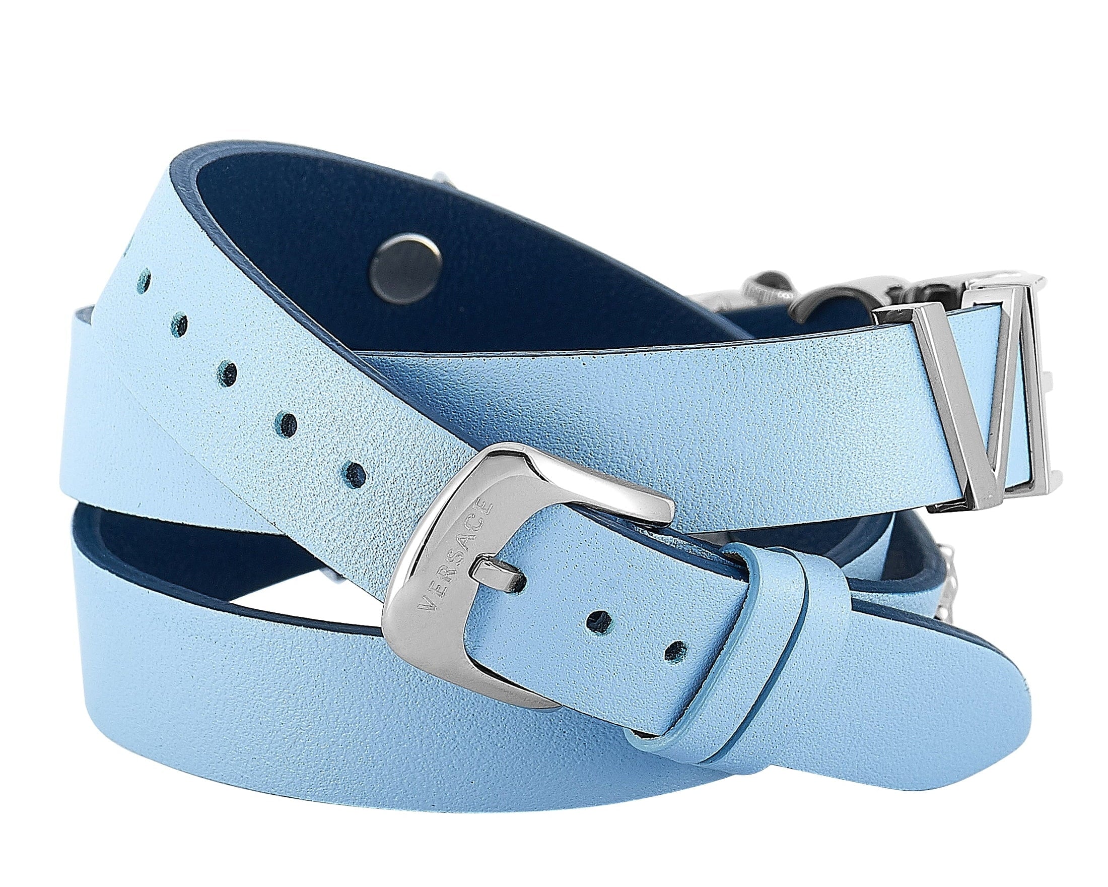 Versace V Flare Silver Dial Blue Leather Strap Watch for Women - VEBN00118