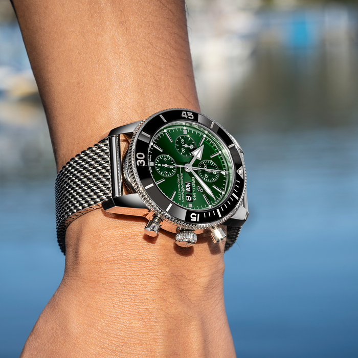 Breitling Superocean Heritage Chronograph 44 Green Dial Silver Mesh Bracelet Watch for Men - A13313121L1A1