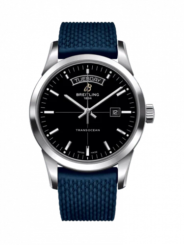Breitling Transocean Day & Date 42mm Automatic Black Dial Blue Mesh Bracelet Mens Watch - A4531012/BB69/280S/ A20S.1