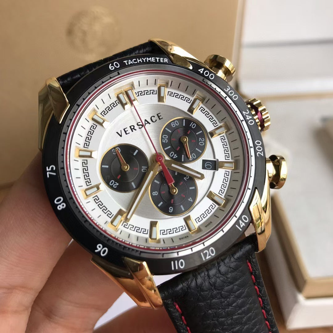Versace V-Ray Chronograph White Dial Black Leather Strap Watch for Men - VDB040014