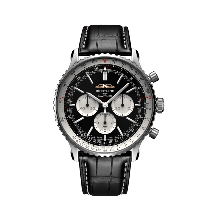 Breitling Navitimer B01 Chronograph 46 Black Dial Black Leather Strap Watch for Men - AB0137211B1P1