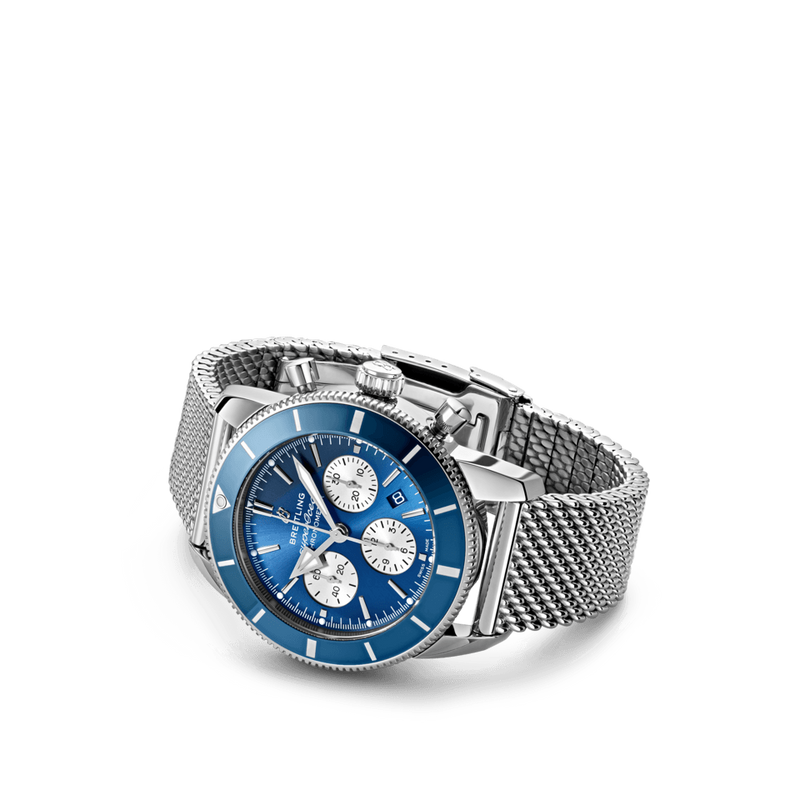 Breitling Superocean Heritage B01 Chronograph 44 Blue Dial Silver Mesh Bracelet Watch for Men - AB0162161C1A1
