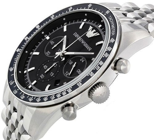 Emporio Armani Tazio Chronograph Black Dial Silver Steel Strap Watch For Men - AR5988