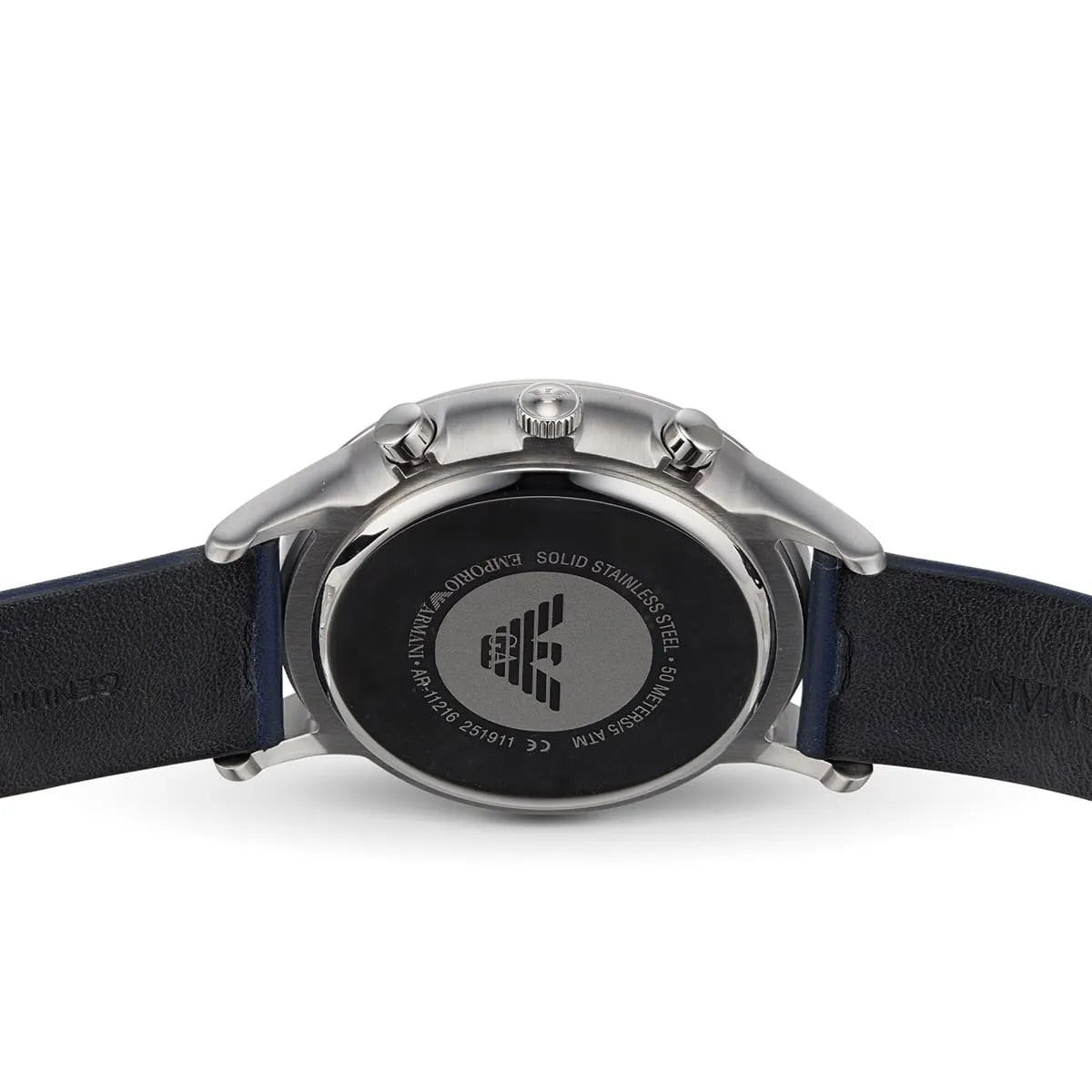 Emporio Armani Renato Chronograph Blue Dial Black Leather Strap Watch For Men - AR11216