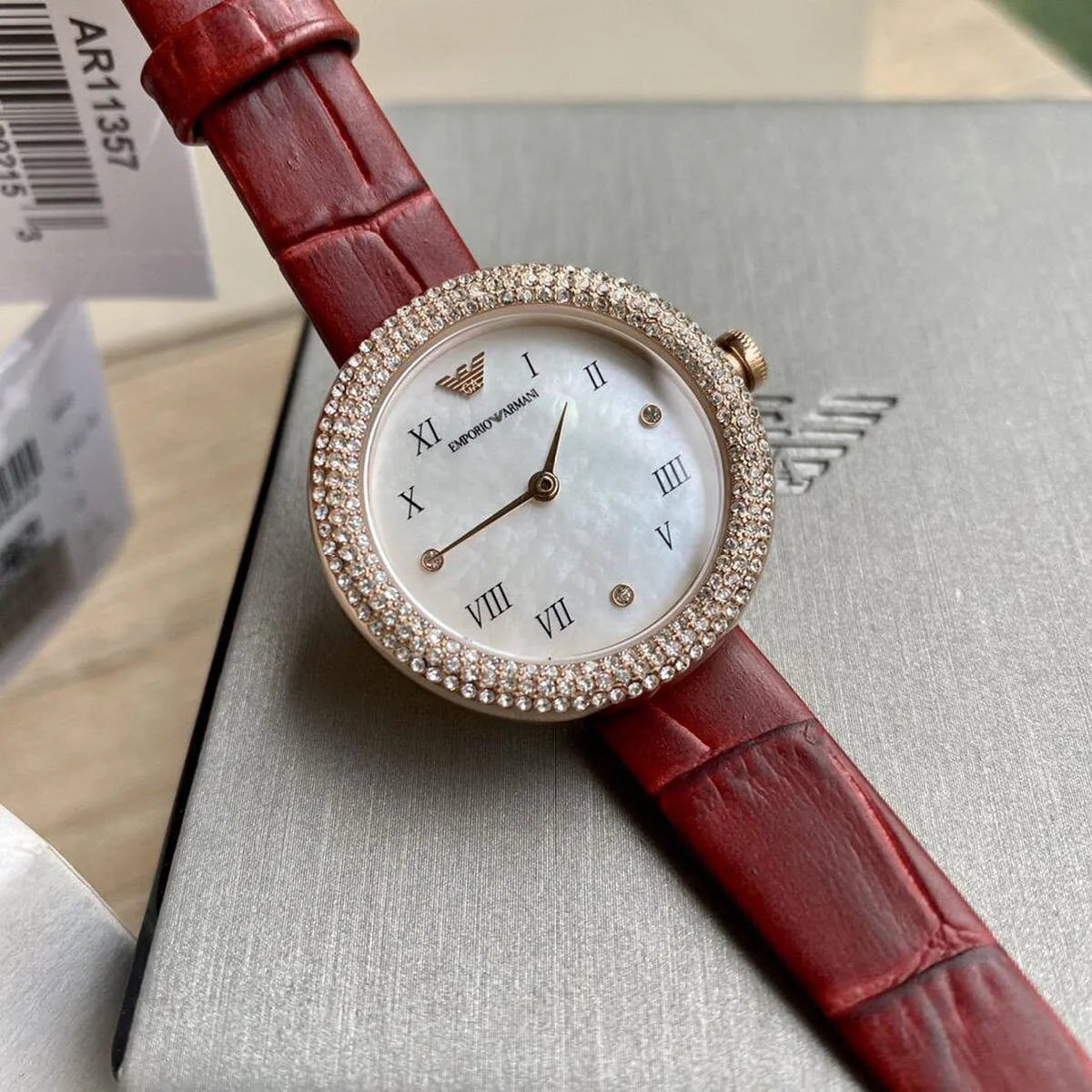 Emporio Armani Rosa Two Hand White Dial Red Leather Strap Watch For Women - AR11357