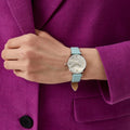Emporio Armani Gianni T Bar Analog Crystals Silver Dial Blue Leather Strap Watch For Women - AR11443