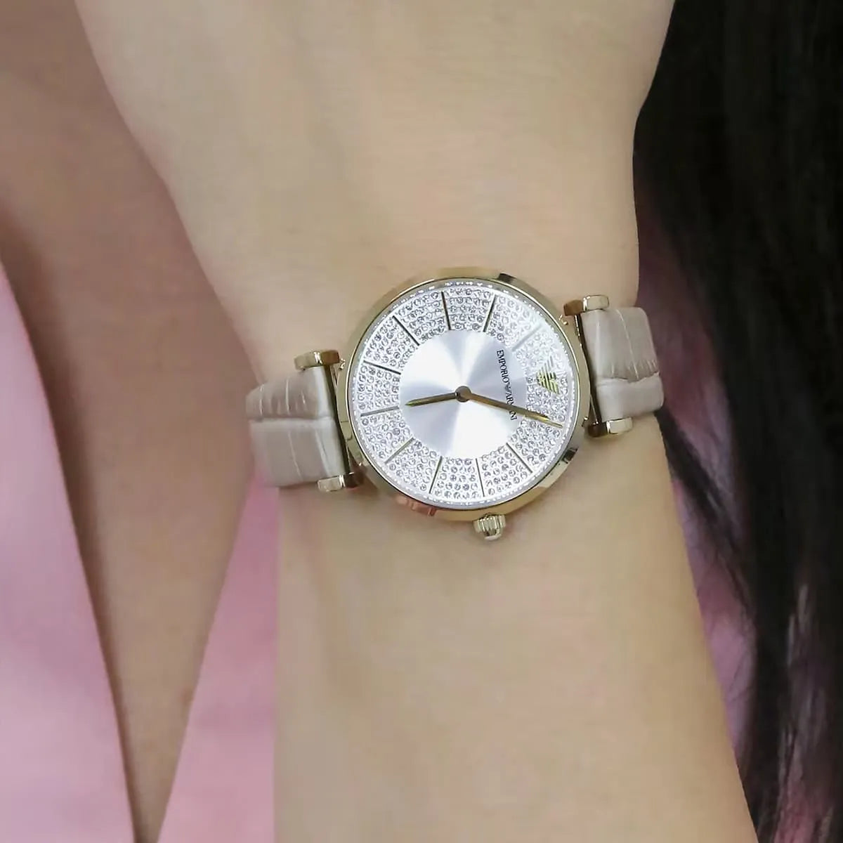 Emporio Armani Gianni T Bar Crystals Silver Dial Brown Leather Strap Watch For Women - AR11518