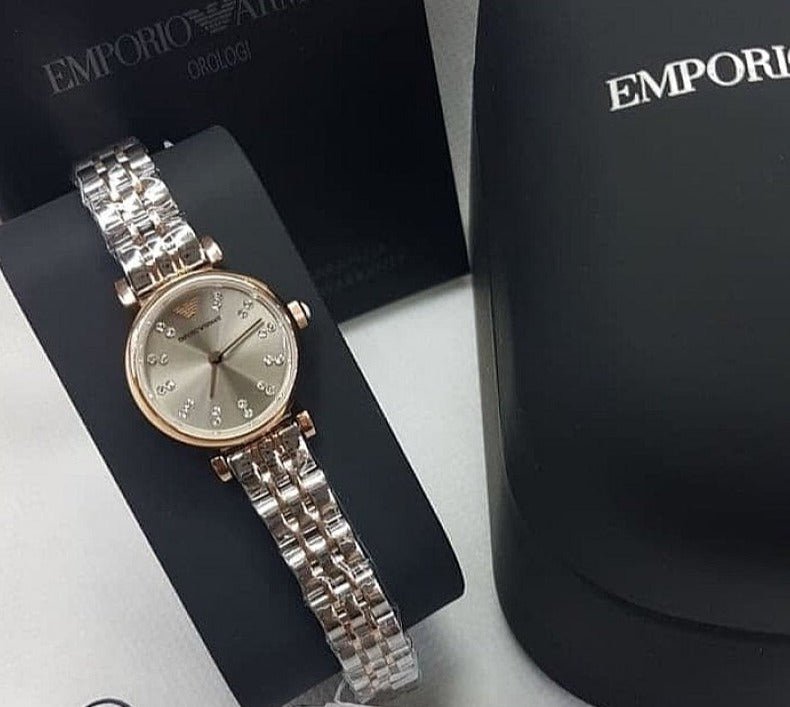 Emporio Armani Gianni T Bar Grey Dial Two Tone Steel Strap Watch For Women - AR1841