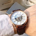 Emporio Armani Epoca White Skeletal Dial Black Leather Strap Watch For Men - AR2073