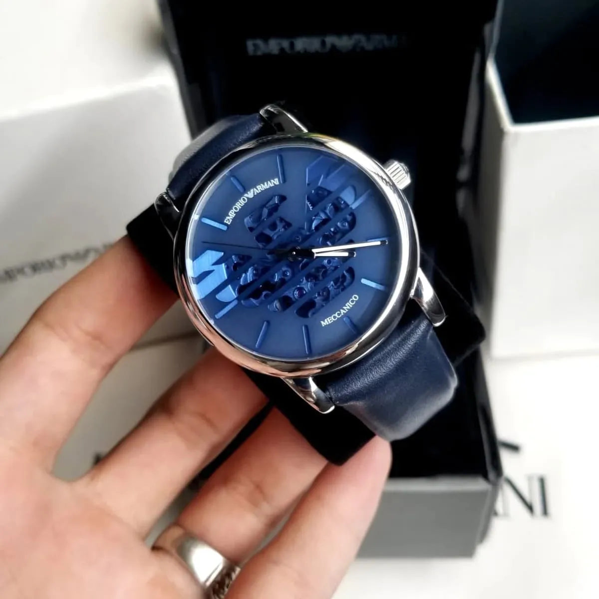 Emporio Armani Luigi Automatic Blue Dial Blue Leather Strap Watch For Men - AR60030