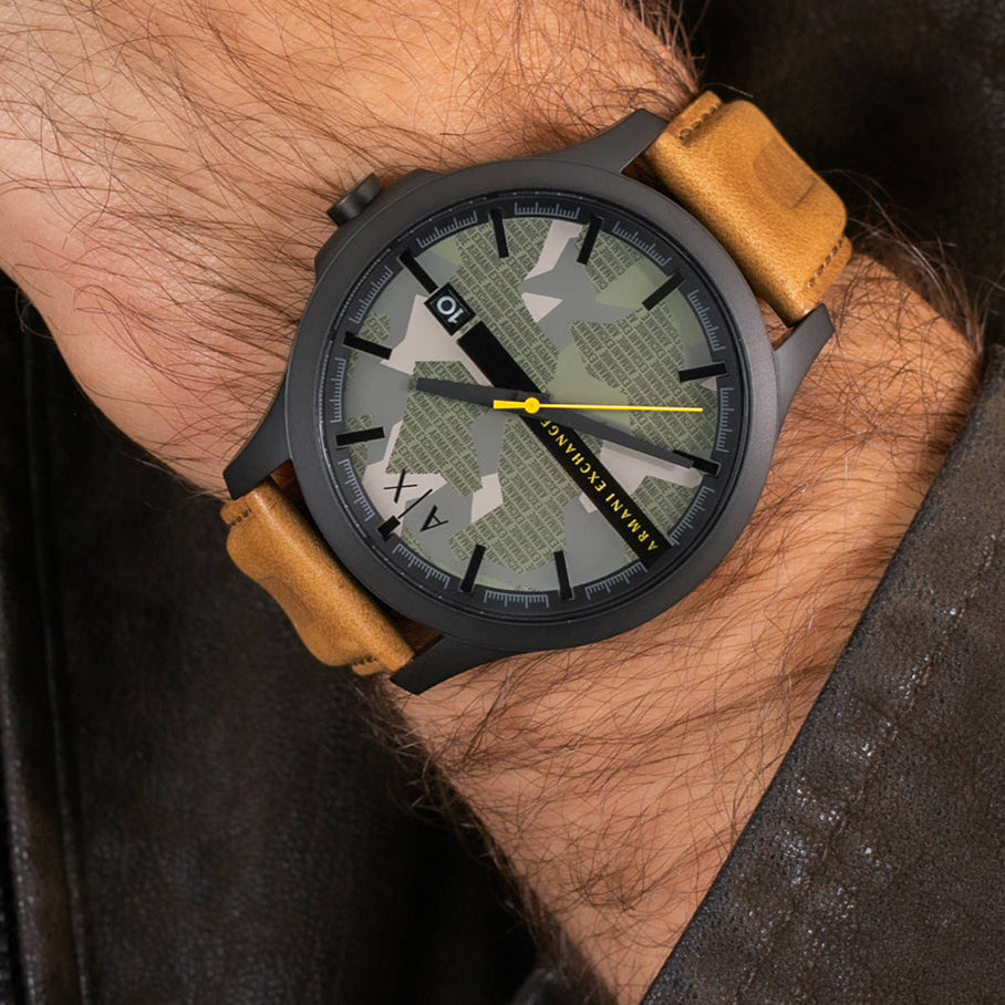 Armani Exchange Hampton Chronograph Green Dial Brown Leather Strap Watch For Men - AX2412