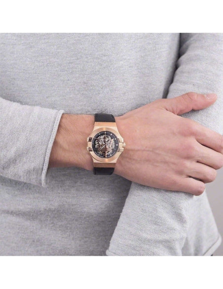 Maserati Potenza Automatic Rose Gold Dial Black Leather Strap Watch For Men - R8821108002