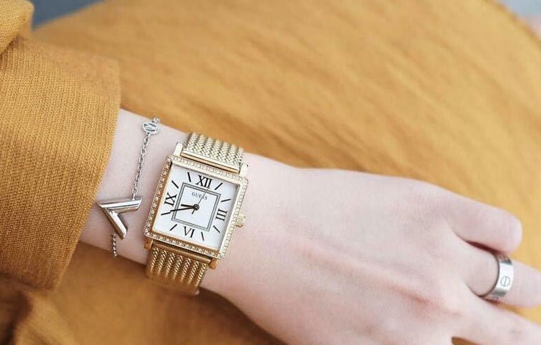 Guess White Dial Gold Mesh Bracelet Watch For Women - W0826L2