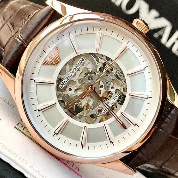 Emporio Armani Epoca White Skeletal Dial Black Leather Strap Watch For Men - AR2073