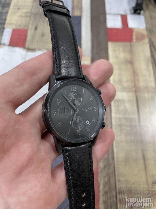Hugo Boss Navigator Black Dial Black Leather Strap Watch for Men - 1513497