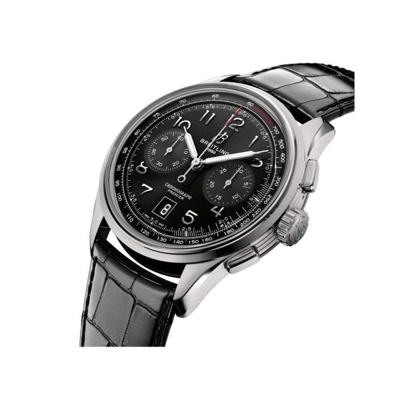 Breitling Premier B01 Chronograph 42 Black Dial Black Leather Strap Watch for Men - AB0145221B1P1