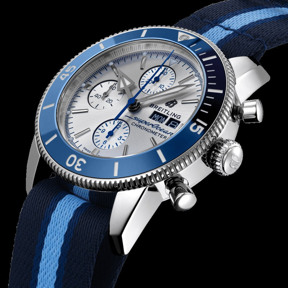 Breitling Superocean Heritage Chronograph 44 Ocean Conservancy Silver Dial Two Tone NATO Strap Watch for Men - A133131A1G1W1