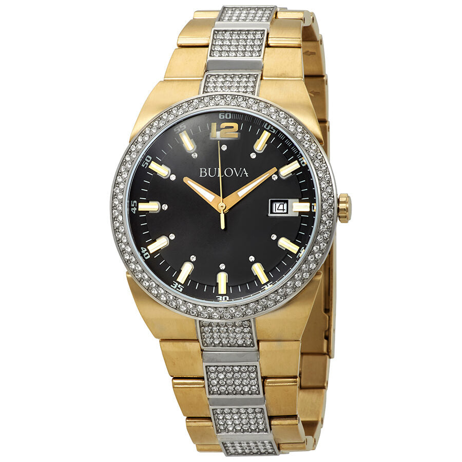 Bulova Crystal Black Dial Two Tone Steel Strap Watch for Men - 98B235