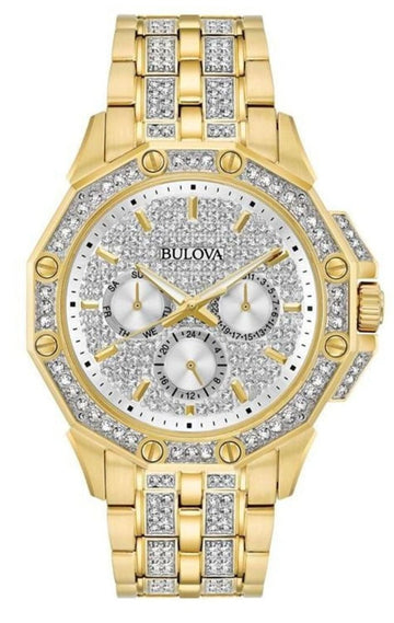 Bulova Crystal Collection Octova White Dial Gold Steel Strap Watch for Men - 98C126