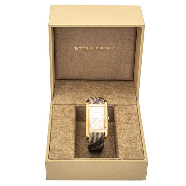 Burberry The Pioneer Rose Gold Dial Haymarket Brown Leather Strap Watch for Women - BU9408