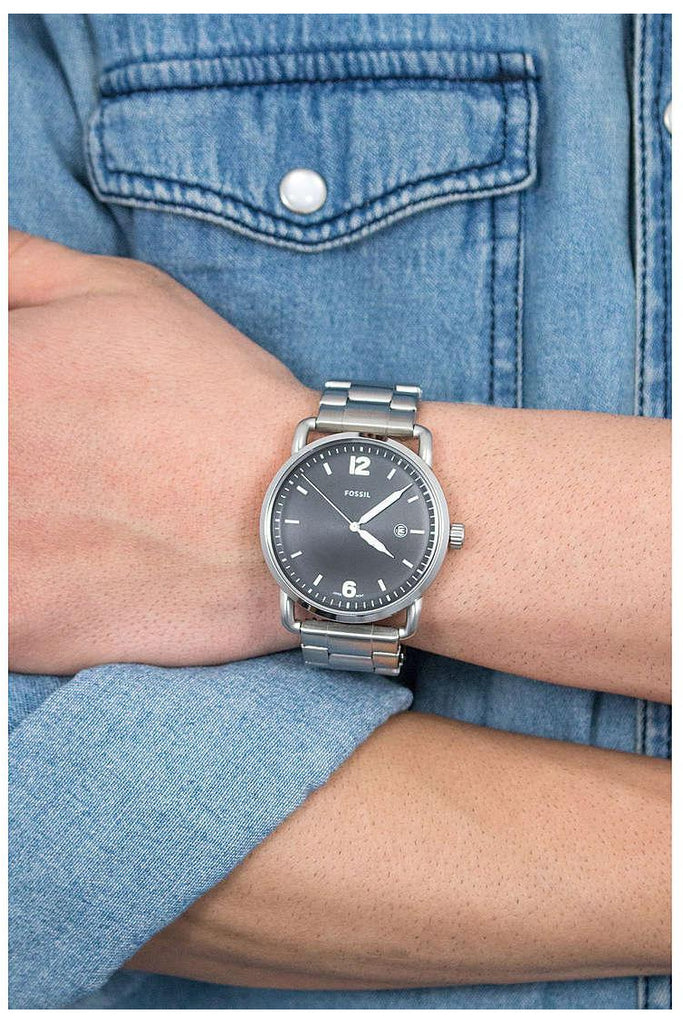 Fossil The Commuter Black Dial Silver Steel Strap Watch for Men - FS5391