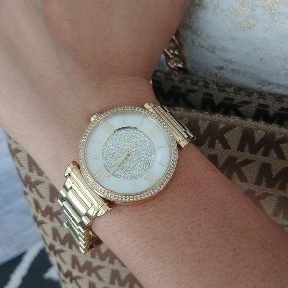 Michael Kors Catlin Mother of Pearl Dial Gold Steel Strap Watch for Women - MK3332