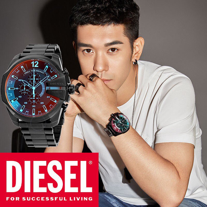 Diesel Mega Chief Chronograph Black Dial Black Steel Strap Watch For Men - DZ4318