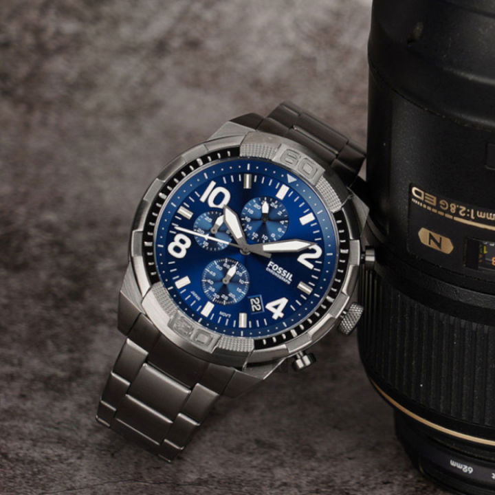 Fossil Bronson Chronograph Blue Dial Grey Steel Strap Watch for Men - FS5711