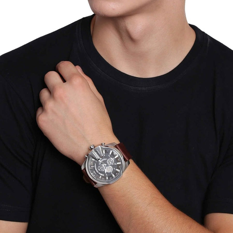 Diesel Mega Chief Chronograph Black Dial Brown Leather Strap Watch For Men - DZ4290