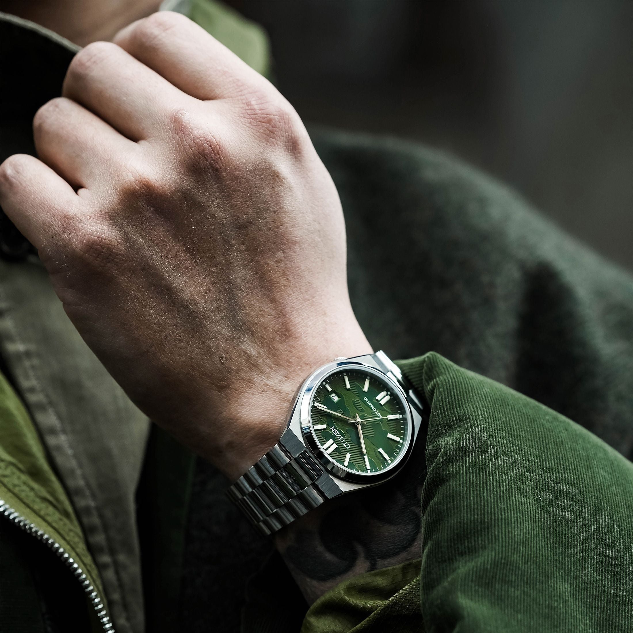 Citizen Tsuyosa Automatic Camouflage Green Dial Silver Steel Strap Watch For Men - NJ0159-86X