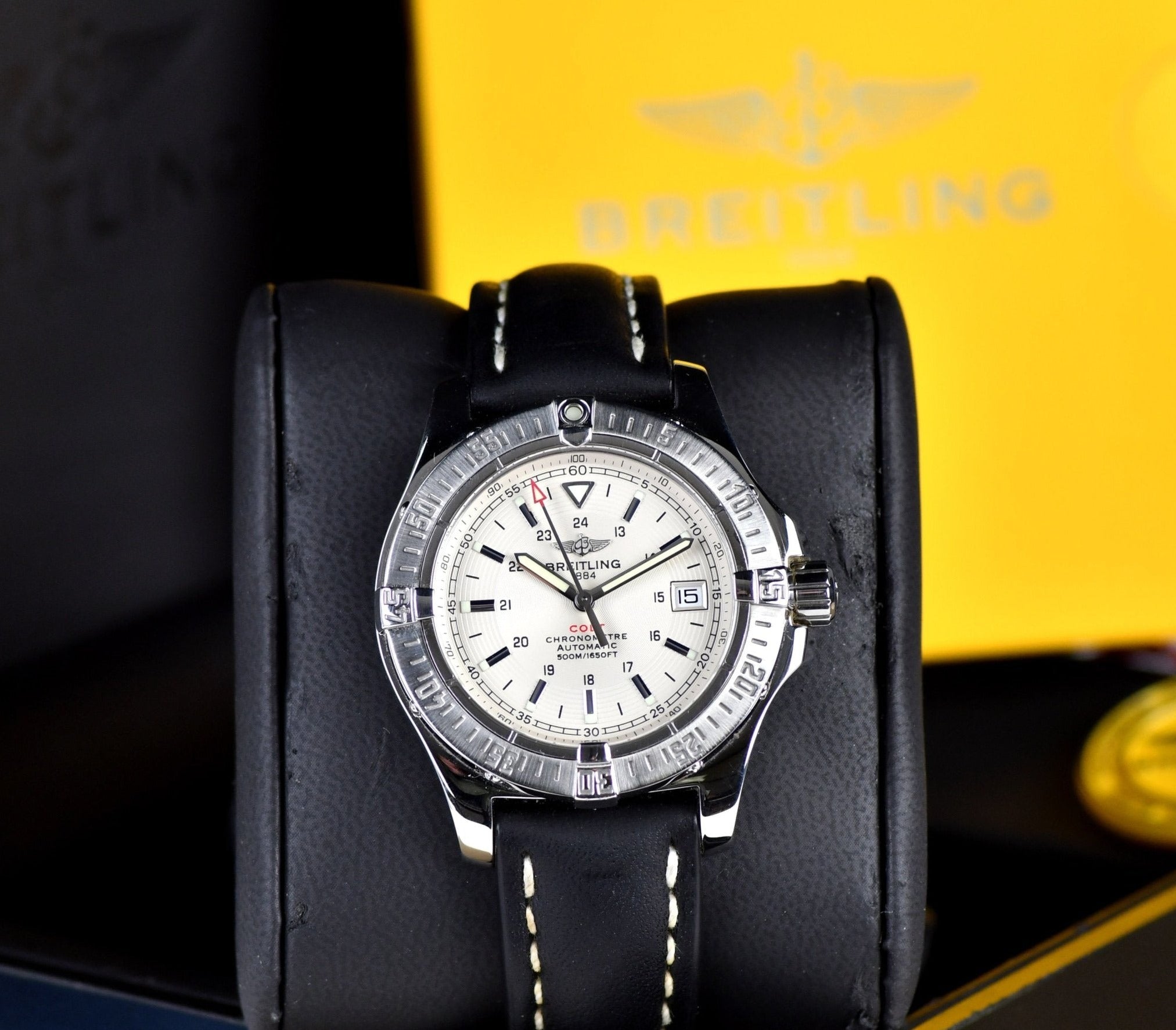 Breitling Colt 44mm Automatic Silver Dial Black Leather Mens Watch - A1731311/G820/428X