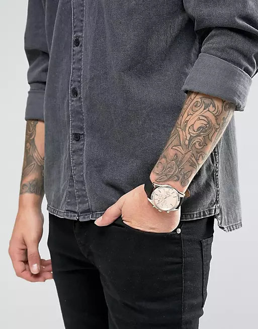 Michael Kors Lexington Chronograph Rose Gold Dial Black Leather Strap Watch For Men - MK8516