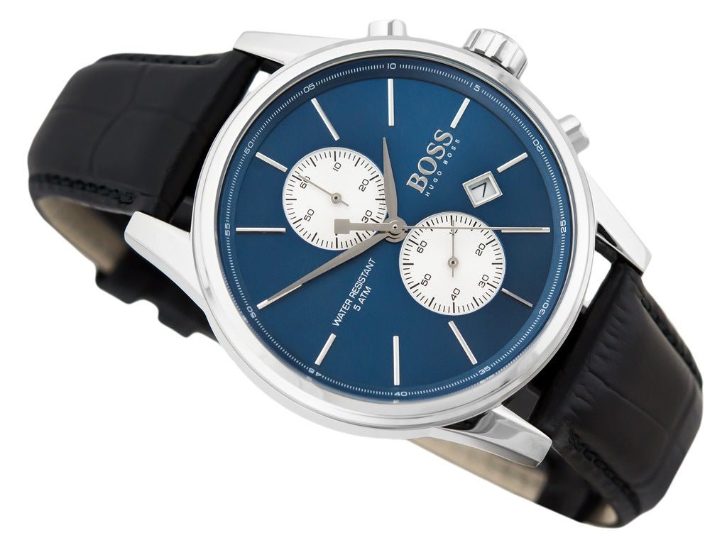 Hugo Boss Jet Blue Dial Black Leather Strap Watch for Men - 1513283