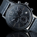 Calvin Klein Post Minimal Chronograph Black Dial Black Leather Strap Watch for Men - K7627401