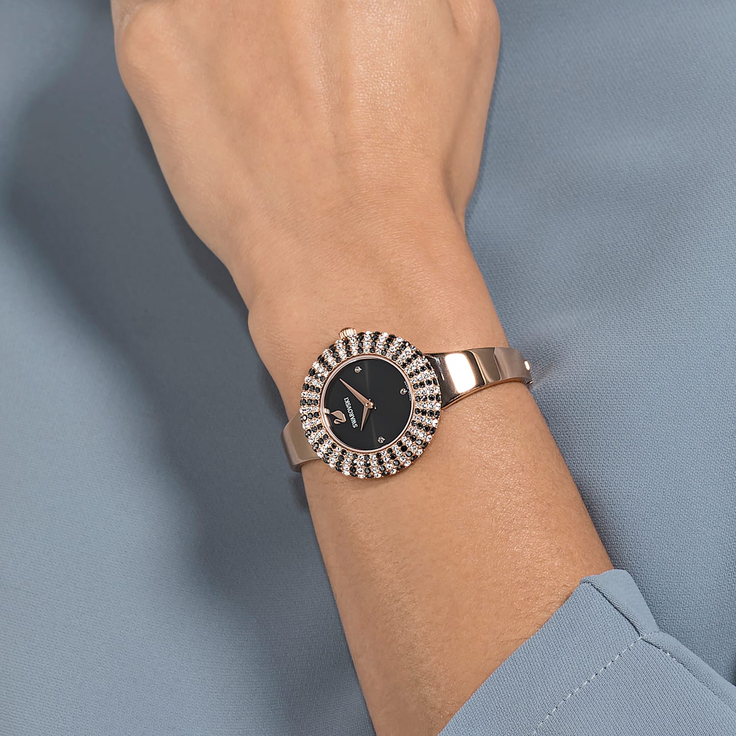 Swarovski Crystal Rose Black Dial Rose Gold Steel Strap Watch for Women - 5484050