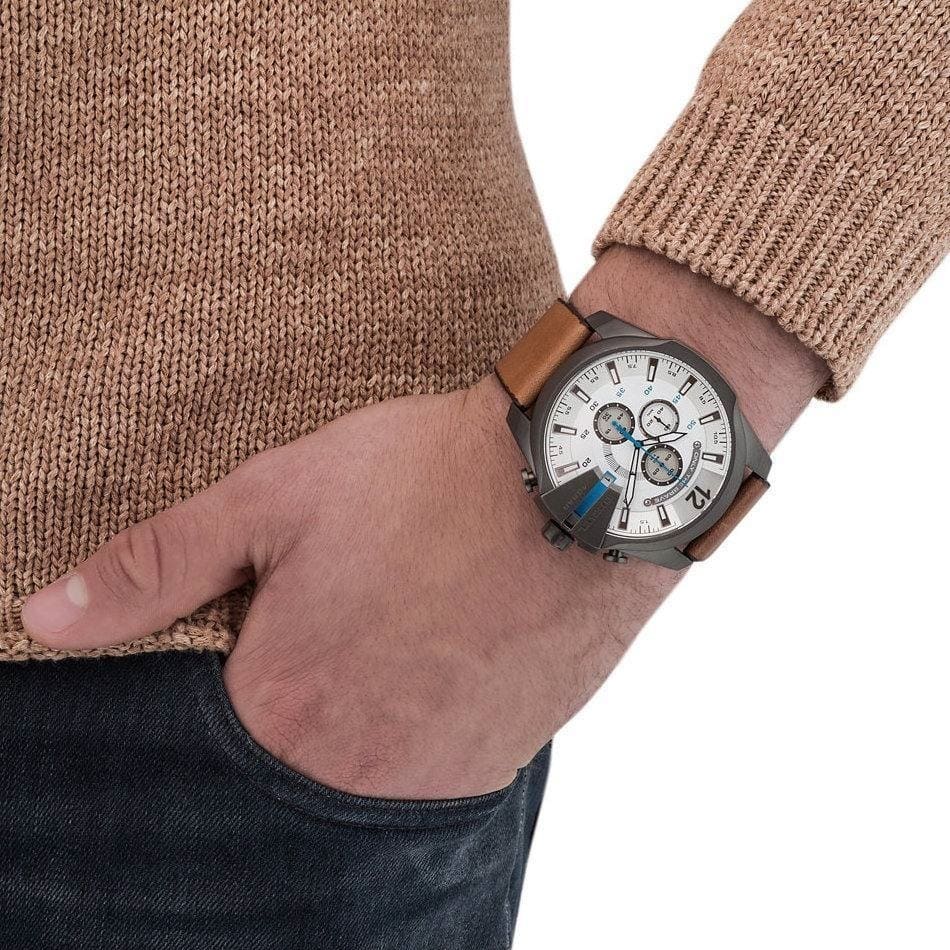 Diesel Mega Chief Chronograph White Dial Brown Leather Strap Watch For Men - DZ4280