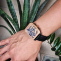 Fossil Inscription Automatic Skeleton Rose Gold Dial Black Leather Strap Watch for Men - BQ2572