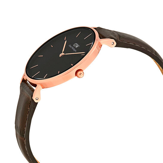 Daniel Wellington Classic Petite York Black Dial Brown Leather Strap Watch For Women - DW00100170