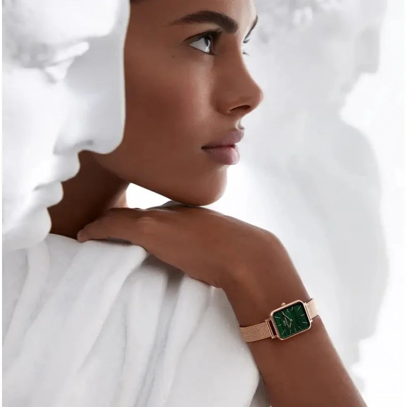 Daniel Wellington Quadro Melrose Green Dial Rose Gold Mesh Strap Watch For Women - DW00100437