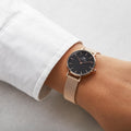 Daniel Wellington Classic Petite Melrose Black Dial Rose Gold Mesh Bracelet Watch For Women - DW00100217