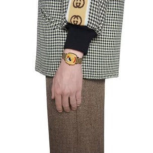 Gucci Grip Disney Mickey Mouse Gold Dial Brown Leather Strap Watch For Women - YA157420