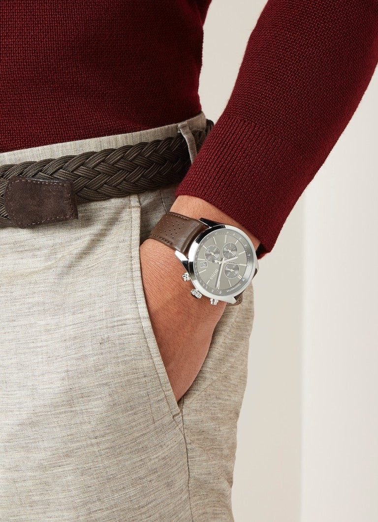 Hugo Boss Grand Prix Grey Dial Brown Leather Strap Watch for Men -  1513476