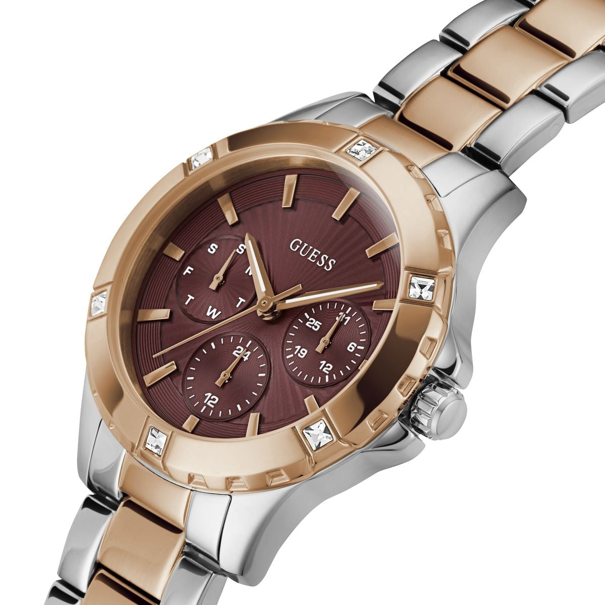 Guess Mist Analog Maroon Dial Two Tone Steel Strap Watch For Women - GW0723L2