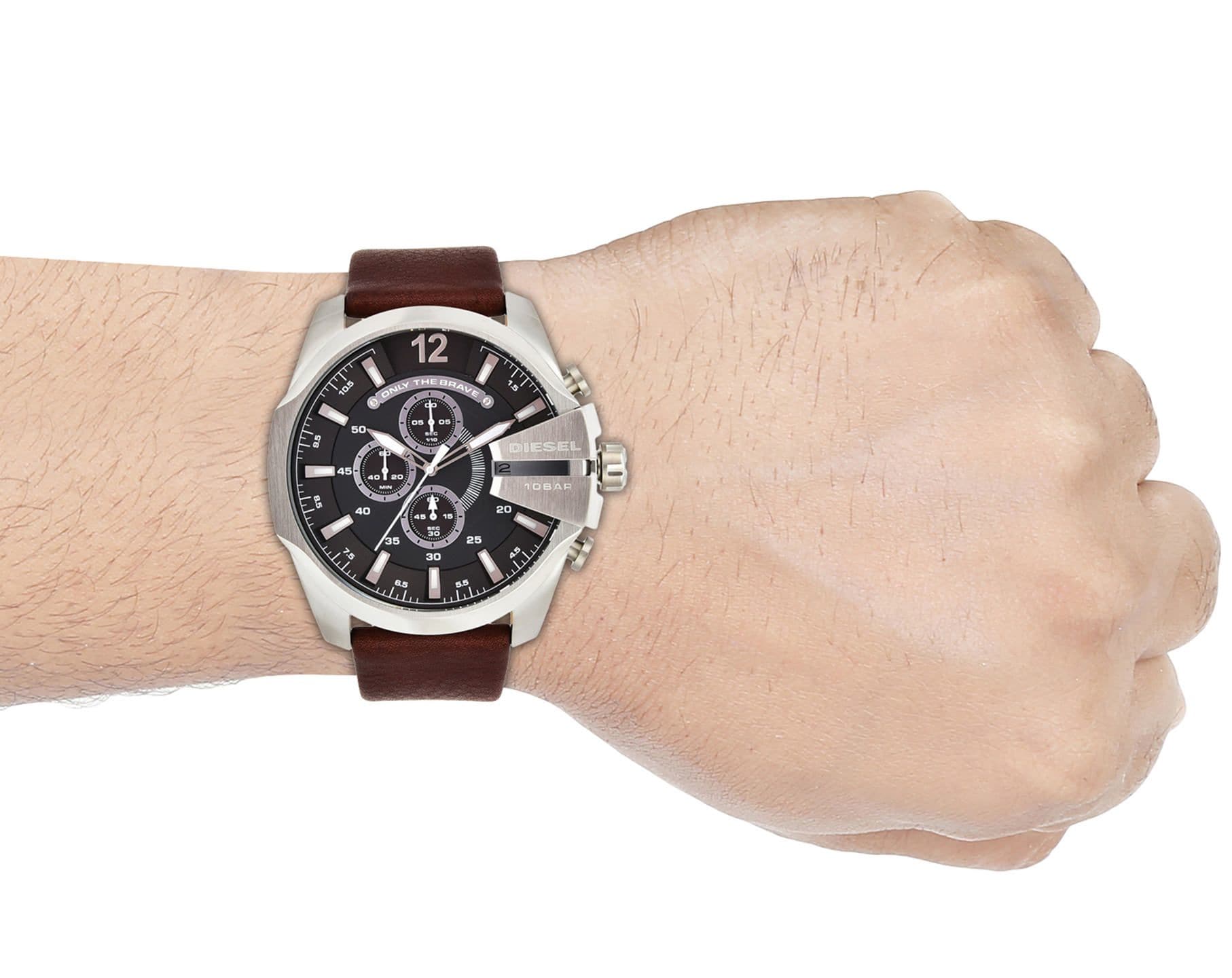 Diesel Mega Chief Chronograph Black Dial Brown Leather Strap Watch For Men - DZ4290