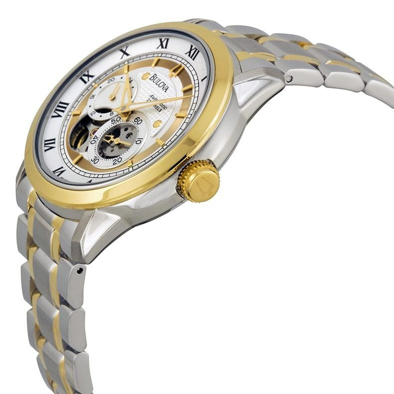 Bulova BVA Skeleton Silver Dial Two Tone Steel Strap Watch for Men - 98A123